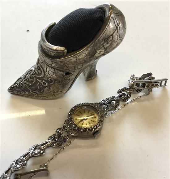 Silver marquasite watch & shoe pin cushion(-)